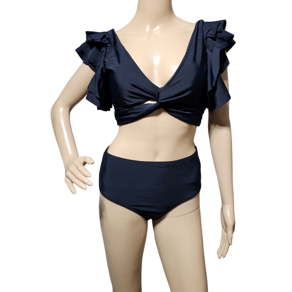 NWT Women's Sporlike Black Ruffle Bikini Set